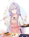  1girl 86_-eightysix- alternate_hairstyle antenna_hair apron bangs bento blue_eyes blue_ribbon blush chopsticks commentary_request commission cooking cucumber egg fingernails food frying_pan grey_hair hair_between_eyes highres holding holding_chopsticks holding_frying_pan knife long_sleeves looking_at_viewer low_twintails open_mouth pink_apron pocket ribbon rice sausage shanabi0610 shirt sidelocks signature simple_background skeb_commission solo sweat tomato twintails twitter_username vladilena_millize white_background white_shirt 