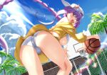  1girl ass asymmetrical_hair backwards_hat bangs bare_shoulders baseball_cap basketball basketball_hoop bb_(fate) bb_(swimsuit_mooncancer)_(fate) bb_(swimsuit_mooncancer)_(first_ascension)_(fate) bikini blue_sky blush braid breasts commentary_request cropped_jacket day fate/grand_order fate_(series) fence hat hat_ornament jacket large_breasts long_hair long_sleeves looking_at_viewer looking_back off_shoulder open_mouth palm_tree purple_eyes purple_hair single_braid skirt sky smile solo star_(symbol) star_hat_ornament sunlight swimsuit thighs tree tsuuhan very_long_hair white_bikini white_headwear yellow_jacket yellow_skirt 