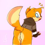  2022 anthro arm4gedon balls black_nose blue_eyes blushed bottomless butt canid canine clothed clothing colored ears_up fox fur genitals handwear hi_res hoodie lewd4fox male mammal orange_body orange_fur raised_tail shaded simple_background simple_shading solo solo_focus surprised_expression topwear tuft 