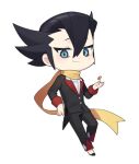  1boy bangs black_footwear black_hair blue_eyes chibi closed_mouth coin commentary_request grimsley_(pokemon) korean_commentary lowres male_focus mongguri pants pokemon pokemon_(game) pokemon_bw scarf shirt shoes short_hair smile solo tailcoat white_shirt yellow_scarf 