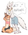  2022 anthro arctic_fox blue_eyes blush bottomwear canid canine clothed clothing digital_media_(artwork) duo female fox fur hi_res looking_at_viewer male mammal midriff navel orange_body orange_fur shorts simple_background standing topless white_background white_body white_fur yellow_eyes yshanii 
