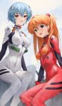  2girls absurdres ayanami_rei blue_eyes blue_hair breasts hair_between_eyes highres kirarin369 long_hair medium_breasts multiple_girls neon_genesis_evangelion open_mouth orange_hair plugsuit red_eyes short_hair sitting smile souryuu_asuka_langley 