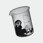  1girl beaker closed_mouth earrings from_side greyscale highres in_container jewelry long_hair minigirl mole mole_under_eye monochrome narue original orthodox_cross shoes simple_background sitting socks solo white_background 