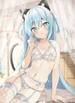  1girl animal_ear_fluff animal_ears bangs bare_arms bare_shoulders blue_eyes blue_hair blue_nails blush bow bow_bra bow_panties bra breasts cat_ears cat_girl cat_tail closed_mouth collarbone commentary_request fishnets garter_belt hair_between_eyes hand_up head_tilt long_hair looking_at_viewer nail_polish navel original panties saeki_sora small_breasts smile solo tail thighhighs two_side_up underwear underwear_only very_long_hair white_bra white_panties 