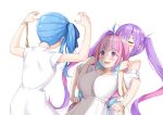  3girls ahoge armlock bangs bare_shoulders blue_hair blush braid breasts dress hair_ribbon highres hololive hoshimachi_suisei kosuke_(bb) long_hair looking_at_another minato_aqua multiple_girls open_mouth purple_hair ribbon simple_background tokoyami_towa twin_braids twintails virtual_youtuber white_background white_dress 