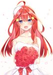  1girl :d absurdres ahoge ao_(flowerclasse) bangs bare_shoulders blue_eyes blush bouquet breasts cleavage collarbone commentary_request dress flower go-toubun_no_hanayome hair_between_eyes hair_ornament highres holding holding_bouquet long_hair looking_at_viewer medium_breasts nakano_itsuki red_flower red_hair red_rose rose simple_background smile solo star_(symbol) star_hair_ornament strapless strapless_dress wedding_dress white_background white_dress 