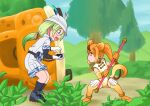  2girls :d animal_ears bagua_zhang bangs belt belt_pouch blonde_hair blue_eyes brown_hair cable camouflage_trim chibi circlet closed_mouth day dragon_ball dragon_ball_(classic) elbow_gloves from_side full_body glasses gloves golden_snub-nosed_monkey_(kemono_friends) green_hair ground_vehicle hat_feather height_difference helmet holding holding_weapon jacket japari_bus kemono_friends layered_sleeves leaning_forward legs_apart legs_together leotard light_green_hair long_hair long_sleeves looking_at_another looking_at_object mirai_(kemono_friends) monkey_ears monkey_girl monkey_tail multicolored_hair multiple_girls open_mouth orange_hair outdoors parody pith_helmet polearm pouch safari_jacket shoes short_over_long_sleeves short_sleeves shorts smile socks standing tail thighhighs two-tone_hair v-shaped_eyebrows weapon 