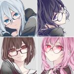  1other 25-ji_night_code_de._(project_sekai) 3girls absurdres akira20211014 akiyama_mizuki asahina_mafuyu bangs black_shirt blue_eyes blue_hair bow braid brown_eyes brown_hair closed_mouth coke-bottle_glasses commentary frown glasses hair_between_eyes hair_bow heart heart-shaped_eyewear highres multiple_girls pink-framed_eyewear pink_eyes pink_hair project_sekai purple_eyes purple_hair rectangular_eyewear round_eyewear sailor_collar school_uniform serafuku shinonome_ena shirt short_hair smile teardrop-framed_glasses white_bow white_sailor_collar yoisaki_kanade 