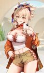  1girl arm_tattoo bangs blonde_hair blurry blurry_background breast_tattoo breasts choker cleavage collarbone cowboy_shot foreshortening foxyreine genshin_impact hair_between_eyes hair_intakes hair_ornament highres holding holding_phone japanese_clothes jewelry large_breasts leaning_to_the_side long_sleeves looking_at_viewer multiple_rings navel open_clothes patreon_logo phone ring selfie short_shorts shorts signature single_bare_shoulder smartphone_case smile solo standing tattoo thighs toned tongue tongue_out web_address yoimiya_(genshin_impact) 