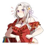  1girl angry bangs bare_shoulders blush breasts casual_one-piece_swimsuit chocojax cleavage edelgard_von_hresvelg fire_emblem fire_emblem:_three_houses fire_emblem_heroes hair_ornament hair_ribbon highres large_breasts long_hair looking_at_viewer official_alternate_costume one-piece_swimsuit purple_eyes red_swimsuit ribbon simple_background solo swimsuit white_hair 