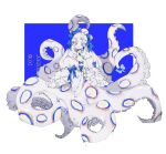  1girl asphyxia17 blue-ringed_octopus blue_bow bow breasts cleavage commentary dress dress_bow drill_hair hair_bow highres long_sleeves looking_at_viewer monster_girl multicolored_eyes open_mouth original ringed_eyes scylla solo symbol-only_commentary tentacles white_dress white_hair 