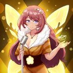  1girl alternate_costume breasts brown_dress brown_hair cleavage dress english_commentary fairy_wings flagoul fur_trim highres indie_virtual_youtuber jewelry lens_flare long_hair medium_breasts microphone necklace nina_saotome open_hand purple_eyes solo sparkle virtual_youtuber wings 
