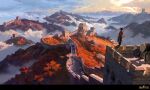  1girl above_clouds arrow_(projectile) black_hair blue_sky bow_(weapon) cloud great_wall_of_china highres landscape letterboxed ling_xiang original outdoors quiver scenery sky solo standing tower weapon 