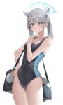  1girl absurdres animal_ear_fluff animal_ears bag bangs blue_archive blue_eyes blush breasts closed_mouth cowboy_shot duyu extra_ears grey_hair hair_ornament halo highres medium_breasts medium_hair one-piece_swimsuit shiroko_(blue_archive) shiroko_(swimsuit)_(blue_archive) shoulder_bag simple_background solo standing swimsuit twintails white_background x_hair_ornament 