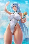  1girl artist_logo ass_visible_through_thighs bare_arms blue_hair covered_nipples cowboy_shot cup day forehead_protector highleg highleg_swimsuit highres holding holding_cup kos-mos lips long_hair looking_at_viewer one-piece_swimsuit outdoors prywinko red_eyes red_nails solo swimsuit very_long_hair water white_swimsuit xenoblade_chronicles_(series) xenoblade_chronicles_2 xenosaga 