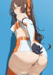  1girl ass bangs black_gloves blue_background blush breasts brown_eyes brown_hair covered_nipples crop_top detached_sleeves female_pubic_hair from_behind gloves hair_between_eyes hair_ribbon head_tilt highres long_hair medium_breasts miniskirt nitro_(mugityaoisii) orange_panties orange_ribbon original panties ponytail pubic_hair race_queen ribbon sidelocks simple_background skirt solo steam thighhighs thong underwear very_long_hair 