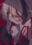  1boy black_hair blood blood_on_face chariki chariki_(vtuber) glasses highres indie_virtual_youtuber long_sleeves looking_at_viewer male_focus multicolored_hair nail_polish red_background sketch solo virtual_youtuber white_hair yellow_eyes 