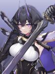  1girl aether_gazer armor armored_corset armpits bangs black_hair breasts corset hair_between_eyes hair_ornament hairclip highres holding holding_sword holding_weapon huge_breasts looking_at_viewer mechanical_arms purple_eyes ryouya_(ryoya) short_hair shoulder_armor simple_background smile solo sword tsukuyomi_(aether_gazer) weapon weapon_on_back 