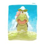  border closed_eyes cloud commentary_request day facing_viewer flower grass happy no_humans open_mouth outdoors oyasuminjyutsu pink_flower pokemon pokemon_(creature) signature sky smile solo tongue turtwig white_border 