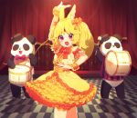  1girl :d aldin_nicola animal animal_ear_fluff animal_ears arm_up bangs blonde_hair bow bowtie brown_shirt checkered_floor commentary_request curtains drum drumsticks flower forehead_jewel frilled_skirt frills highres holding instrument long_hair mamyouda panda puffy_short_sleeves puffy_sleeves purple_eyes red_bow red_bowtie red_flower seventh_happiness shirt short_eyebrows short_sleeves skirt smile solo standing thick_eyebrows virtual_youtuber wrist_cuffs yellow_skirt 