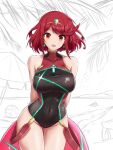  1girl ass_visible_through_thighs bangs black_swimsuit breasts chest_jewel competition_swimsuit covered_collarbone covered_navel fgsketch gem headpiece highres large_breasts one-piece_swimsuit pyra_(pro_swimmer)_(xenoblade) pyra_(xenoblade) red_eyes red_hair red_swimsuit ribbed_swimsuit short_hair solo strapless strapless_swimsuit striped striped_swimsuit swept_bangs swimsuit tiara two-tone_swimsuit unfinished unfinished_background vertical-striped_swimsuit vertical_stripes xenoblade_chronicles_(series) xenoblade_chronicles_2 