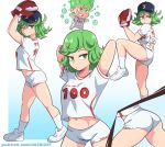  1girl arm_up arms_up ass baseball_cap baseball_mitt baseball_uniform blue_background breasts character_name chibi closed_mouth clothes_writing commentary dashi flipped_hair floating_hair from_side full_body gradient gradient_background green_eyes green_hair grin hair_over_one_eye hat highres multiple_views navel one-punch_man patreon_username pitching shirt shoes short_hair short_shorts shorts smile sneakers sportswear standing standing_on_one_leg tatsumaki telekinesis thighs tied_shirt web_address white_background white_footwear white_legwear white_shirt white_shorts 