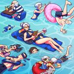  3boys 6+girls alternate_costume bathing belladonna_(persona) bikini black_hair blindfold braid brown_hair bubble_blowing caroline_(persona_5) collarbone crossed_legs cup double_bun drink drinking_glass drinking_straw elizabeth_(persona) english_commentary eyepatch eyeshadow grin hair_bun highres igor_(persona) innertube instrument jack_frost justine_(persona_5) makeup male_swimwear margaret_(persona) marie_(persona_4) multicolored_hair multiple_boys multiple_girls music nameless_(persona) partially_submerged persona persona_1 persona_2 persona_3 persona_4 persona_5 playing_instrument reading retrokinetics second-party_source shin_megami_tensei siblings singing smile streaked_hair striped striped_swimsuit sunglasses swim_trunks swimming swimsuit teeth theodore_(persona) upper_teeth white_hair wine_glass 