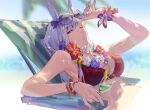  1girl adjusting_eyewear bangs bikini blurry blurry_background breasts chair cleavage cup drinking_glass flower flower_wreath gold_ship_(umamusume) grey_hair half-closed_eye hibiscus highres holding holding_cup hurricane_glass large_breasts long_hair looking_at_viewer lounge_chair nashinashi one_eye_closed open_mouth red_bikini red_eyes scrunchie sitting solo sparkle sunglasses swimsuit umamusume upper_body wrist_scrunchie 