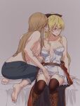  2girls bare_arms barefoot black_bow black_legwear black_pants blonde_hair blush bow breasts brown_footwear brown_hair cleavage closed_mouth clothes_pull collarbone commentary_request couple dress dress_pull embarrassed granblue_fantasy grey_background hair_bow high_ponytail highres katalina_(granblue_fantasy) long_hair looking_away medium_breasts miso-ha_(ukyuu) multiple_girls panties pants pleated_dress red_bow red_eyes short_dress sideboob simple_background sitting sketch soles straight_hair strapless strapless_dress sweatdrop thighhighs topless two-tone_bow underwear very_long_hair vira_(granblue_fantasy) white_dress white_panties yuri 