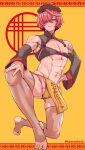  1boy abs bangs blush bulge chinese_clothes fate_(series) fundoshi fuuma_kotarou_(fate) hat highres japanese_clothes kamenakake looking_at_viewer male_focus muscular muscular_male nipples red_eyes red_hair see-through short_hair solo tattoo testicles thighhighs yellow_background 