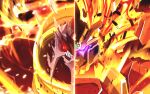  absurdres betterman betterman_cataphract clenched_teeth final_gaogaigar fire galactic_small_yellow glowing glowing_eyes hakaiou:_gaogaigar_vs._betterman highres kaijuu looking_at_viewer mecha no_humans purple_eyes red_eyes robot sharp_teeth teeth v-fin yuusha_ou_gaogaigar yuusha_series 