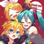  1boy 2girls :d :o ahoge arm_up bangs blonde_hair blue_hair blush bow closed_eyes collared_shirt detached_sleeves hair_bow hair_ornament hairclip hatsune_miku headphones headset highres kagamine_len kagamine_rin kaho_0102 long_sleeves looking_up milestone_celebration multiple_girls necktie open_mouth ponytail shirt short_hair sleeveless sleeveless_shirt smile sweat thank_you twintails vocaloid 