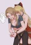  2girls assertive_female belt black_bow black_legwear black_pants blonde_hair bound bound_wrists bow breasts brown_belt brown_hair choker cleavage collarbone commentary_request dress earrings granblue_fantasy grey_background grey_shirt hair_bow highres hug hug_from_behind jewelry katalina_(granblue_fantasy) leaning_forward long_hair medium_breasts miso-ha_(ukyuu) multiple_girls open_belt open_mouth orange_eyes pants ponytail red_bow red_dress red_eyes shirt short_sleeves simple_background sketch sleeveless speech_bubble straight_hair strapless strapless_dress sweatdrop t-shirt thighhighs two-tone_bow very_long_hair vira_(granblue_fantasy) yuri zettai_ryouiki 