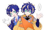  2boys :d :o aqua_eyes astel_leda bk0416_v blonde_hair blue_hair blue_jacket bodysuit bodysuit_under_clothes dual_persona gloves hair_between_eyes head_tilt highres holostars jacket looking_at_viewer male_focus multicolored_hair multiple_boys necktie official_alternate_costume open_hand red_necktie shirt short_hair simple_background smile speech_bubble straight-on streaked_hair symbol-only_commentary upper_body virtual_youtuber white_gloves white_shirt wide_sleeves yellow_jacket 