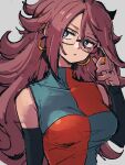  1girl android_21 blue_eyes breasts checkered_clothes checkered_dress dragon_ball dragon_ball_fighterz dress earrings glasses grey_background hair_between_eyes hoop_earrings jewelry kemachiku large_breasts long_hair looking_to_the_side red_hair ring simple_background solo upper_body 