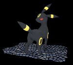  animal_focus black_background commentary_request full_body looking_at_viewer looking_back no_humans omaru_(wick_moshi) pokemon pokemon_(creature) red_eyes solo standing tile_floor tiles umbreon 
