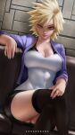  1girl artist_name bakugou_mitsuki blonde_hair boku_no_hero_academia bra_strap breasts cardigan cleavage couch crossed_legs english_commentary feet_out_of_frame hand_on_leg highres izhardraws large_breasts light_particles looking_at_viewer mature_female miniskirt open_clothes purple_cardigan purple_nails red_eyes shirt short_hair sitting skirt smile solo spiked_hair thighhighs wall white_shirt 