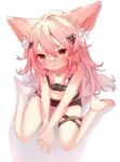  1girl animal_ear_fluff animal_ears bandaid bandaid_on_face bandaid_on_nose barefoot black_shorts black_sports_bra blurry breasts brm_1925 depth_of_field feet fox_ears fox_girl fox_tail from_above hair_ornament highres long_hair looking_at_viewer looking_up navel original pink_hair red_eyes short_shorts shorts simple_background sitting small_breasts smile solo sports_bra tail thigh_strap thighs very_long_hair white_background 