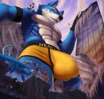  2022 absurd_res anthro balls_outline big_bulge bottomwear bulge canid canine canis city clothed clothing cloud destruction detailed_background dragon female fur genital_outline group hi_res larger_female looking_down looking_up macro male mammal micro muscular muscular_male penis_outline size_difference sky skyscraper smaller_anthro solo_focus thb886 topless topless_anthro topless_male underwear wolf yellow_bottomwear yellow_clothing yellow_underwear 
