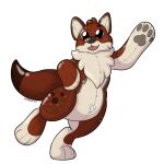  2022 anthro brown_body canid canine chibi dhole gesture green_eyes hi_res mammal paws pool_toy smile symrea waving 