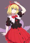  1girl bangs black_shirt blonde_hair grey_background hair_ribbon highres kakone looking_at_viewer medicine_melancholy one-hour_drawing_challenge open_mouth petticoat red_ribbon red_skirt ribbon shirt short_hair simple_background skirt solo touhou 