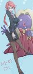  absurdres black_suit breasts brown_legwear formal glasses hand_on_hip highres jynx long_sleeves lorelei_(pokemon) monster_girl pantyhose pokemon pokemon_(creature) pokemon_(game) pokemon_lgpe ponytail red_eyes red_hair sidelocks suit tlstmzk336 turtleneck 