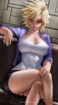  1girl artist_name bakugou_mitsuki blonde_hair boku_no_hero_academia breasts cardigan cleavage couch crossed_legs english_commentary feet_out_of_frame hand_on_leg highres izhardraws large_breasts light_particles looking_at_viewer mature_female miniskirt open_clothes purple_cardigan purple_nails red_eyes shirt short_hair skirt smile solo spiked_hair wall white_shirt 