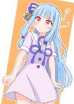  1girl bangs blue_hair blunt_bangs blush_stickers buttons clenched_hands dress flower_knot hair_ornament hair_ribbon highres himajin_narou kotonoha_aoi long_hair pursed_lips red_eyes ribbon rope sailor_dress short_sleeves sidelocks solo translation_request turning_head v-shaped_eyebrows very_long_hair voiceroid 