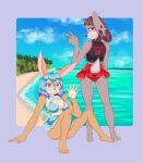  3dxe1 69_(number) animal_humanoid beach blue_hair brown_hair butt duo female female/female gesture hair hi_res humanoid lagomorph lagomorph_humanoid leporid mammal mammal_humanoid mochibun_(mugelbbub16) moeflavor_cheerleader_uniform rabbit seaside short_hair sitting standing sweet_tea_(mugelbbub16) v_sign waving 