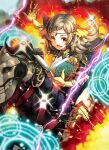  ahoge armor asymmetrical_bangs bangs barding blonde_hair book boots circlet explosion fire_emblem fire_emblem_cipher fire_emblem_fates highres holding holding_book holding_weapon horseback_riding looking_at_viewer magic miwabe_sakura official_art open_mouth ophelia_(fire_emblem) outstretched_arm riding thigh_boots thighs third-party_source weapon yellow_eyes 