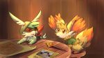  adamarts clothing duo eyewear fennekin feral fur furniture goggles green_clothing hi_res legendary_pok&eacute;mon male map nintendo orange_body orange_eyes orange_fur paper pok&eacute;mon pok&eacute;mon_(species) pok&eacute;mon_mystery_dungeon shaymin shrike_(shaymin) sky_forme_shaymin staff stool table video_games wall_(structure) 