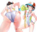  1girl absurdres aqua_eyes ass back bangs bare_shoulders baseball_cap blush breasts brown_hair collarbone covered_navel hat highleg highleg_swimsuit highres hololive kilesha medium_breasts megaphone multiple_views one-piece_swimsuit oozora_subaru open_mouth short_hair swept_bangs swimsuit thighs two-tone_swimsuit virtual_youtuber watch whistle whistle_around_neck white_swimsuit wristband wristwatch yellow_swimsuit 