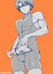  1boy abs black_hair blue_eyes bulge fate_(series) flaccid fujimaru_ritsuka_(male) highres kamenakake looking_at_viewer looking_down male_focus male_pubic_hair muscular muscular_male orange_background penis pubic_hair short_hair simple_background solo solo_focus 