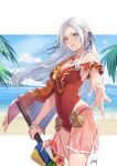  1girl absurdres bare_shoulders beach blue_sky breasts cleavage closed_umbrella covered_navel cowboy_shot da-cart day edelgard_von_hresvelg fire_emblem fire_emblem:_three_houses fire_emblem_heroes flower forehead hair_ribbon highres holding holding_umbrella long_hair looking_at_viewer medium_breasts ocean off-shoulder_one-piece_swimsuit off_shoulder official_alternate_costume one-piece_swimsuit orange_flower outdoors parted_lips purple_eyes purple_ribbon red_swimsuit ribbon short_sleeves sky solo standing swimsuit thighs umbrella very_long_hair water white_hair 